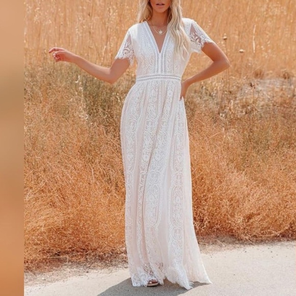 NEW Odizli Boho Maxi Dress 6 Embroidered Mesh Lace Bridesmaid Beachy White Flowy - Picture 13 of 13